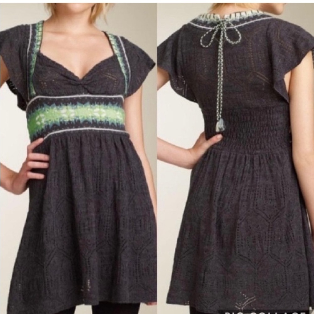 FREE PEOPLE Fair Isle Nordic Sweater Dress Sweetheart Knit Boho Size M Mini Gray